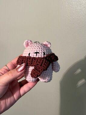 Handmade Pink Crochet Bear Keychain with Brown Scarf